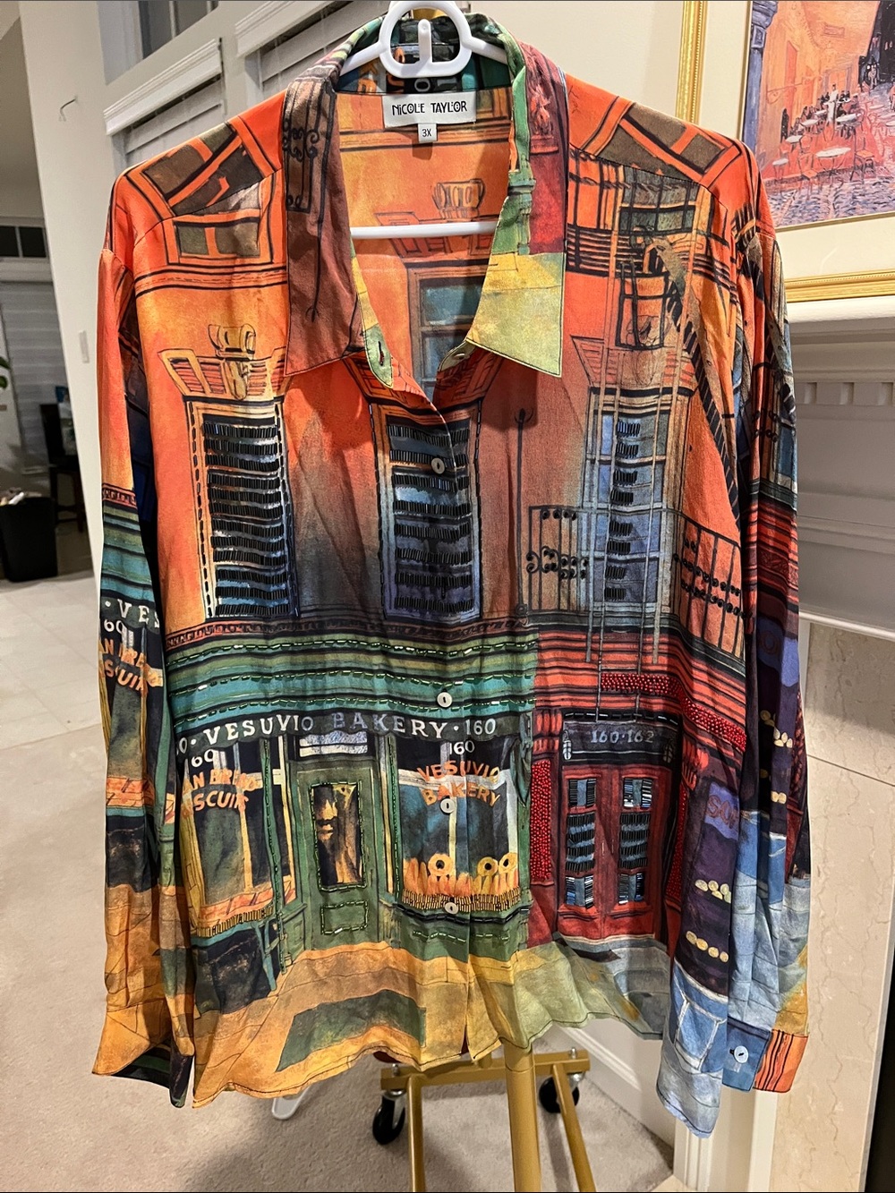 Nicole Taylor 100% silk Multi-Color Printed Button-Up Shirt with sequined beads